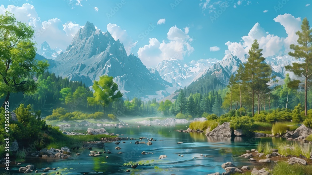 Vibrant digital artwork of serene mountain landscape with river, trees, and clear blue skies