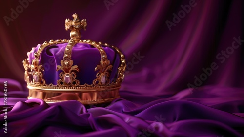 Ornate golden crown resting on luxurious purple fabric with smooth, draped background