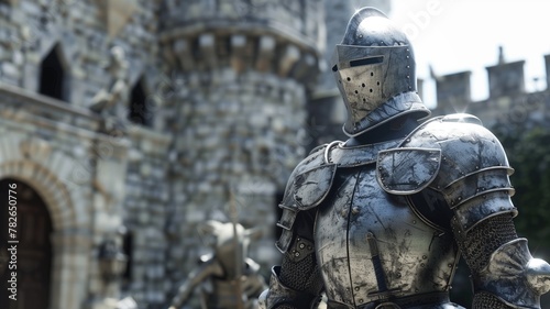 Person in full medieval knight armor stands front of ancient stone castle, evoking sense historical warfare