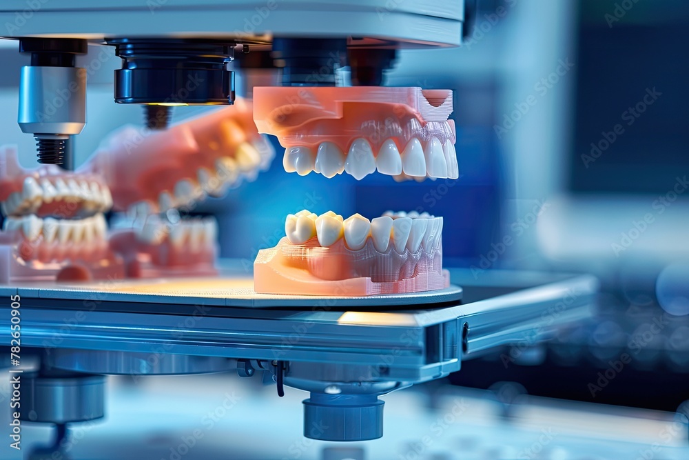 Naklejka premium 3D printing dental prostheses process in a lab, light colors, realistic illustration made with Generative Ai