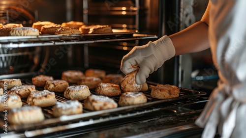 Person in bakery removing freshly baked pastries from oven photo
