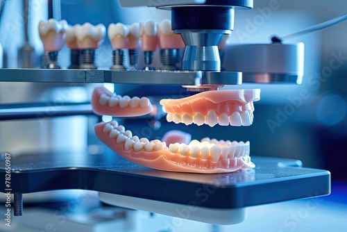 3D printing dental prostheses process in a lab, light colors, realistic illustration made with Generative Ai © Santasombra