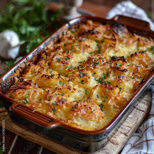 savory potato kugel, baked pudding or casserole of grated potato in a baking dish on a wooden table, jewish holiday recipe