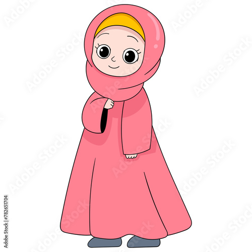 A beautiful Muslim girl wearing a red hijab is standing with a happy face © Popular Vector