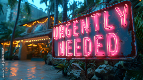 Sign that reads “URGENTLY NEEDED” - urgent need - public request - public interest query - neon sign  photo