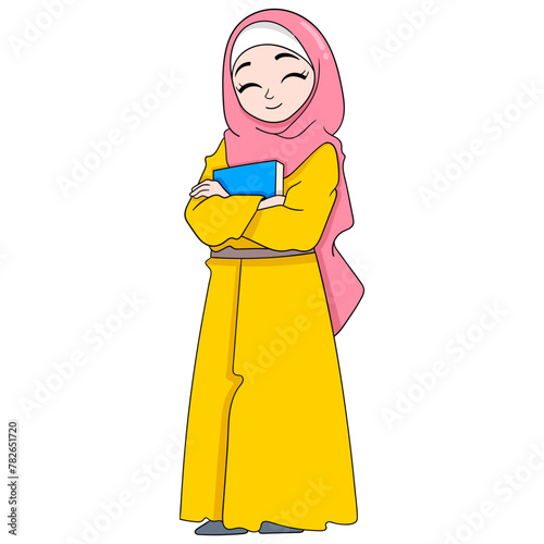 A beautiful Muslim girl wearing a hijab is standing with a happy face © Popular Vector