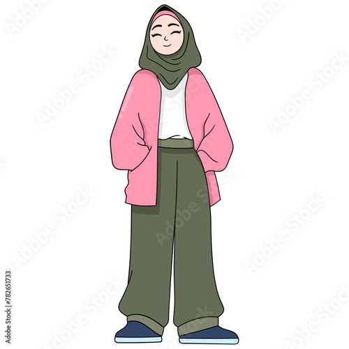 A beautiful Muslim girl wearing a hijab is standing showing a happy smiling face © Popular Vector