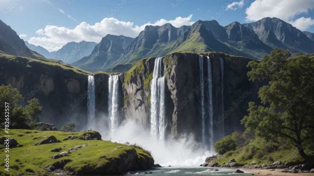 Fototapeta premium Majestic Yosemite waterfall cascades down granite rocks in a lush green national park