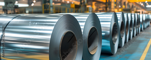 Factory warehouse with rolls of galvanized sheet steel, Large rolls of metal coils , Heavy metals , industry and commercial use , photo