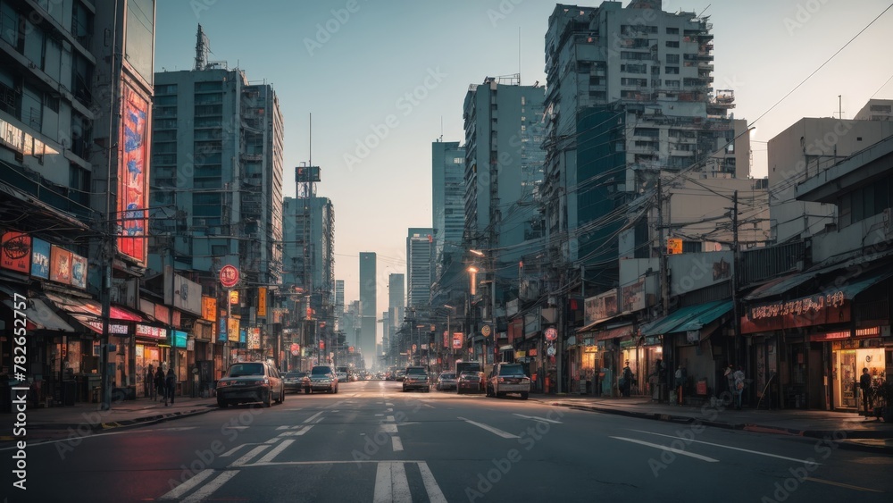 Fototapeta premium City lights paint the night sky as cars stream down a bustling downtown street lined with towering skyscrapers