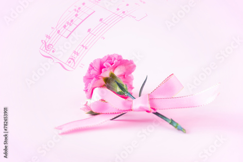 母の日　リボンを結んだ美しいピンクのカーネーションと楽譜の合成（ピンバック）