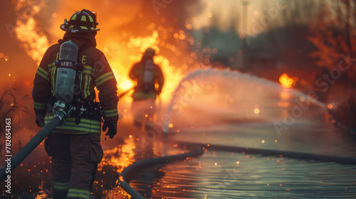 Two firefighters fighting a fire with a hose and water during a firefighting training exercise. photo