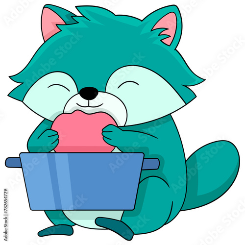 A fat weasel is eating snacks from a cooking pot © Popular Vector