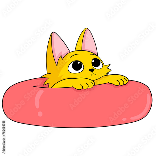 A yellow kitten is swimming with a tire in stagnant water © Popular Vector