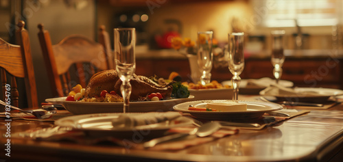 Holiday feast laid out on dining table with warm lighting, ready for family gathering