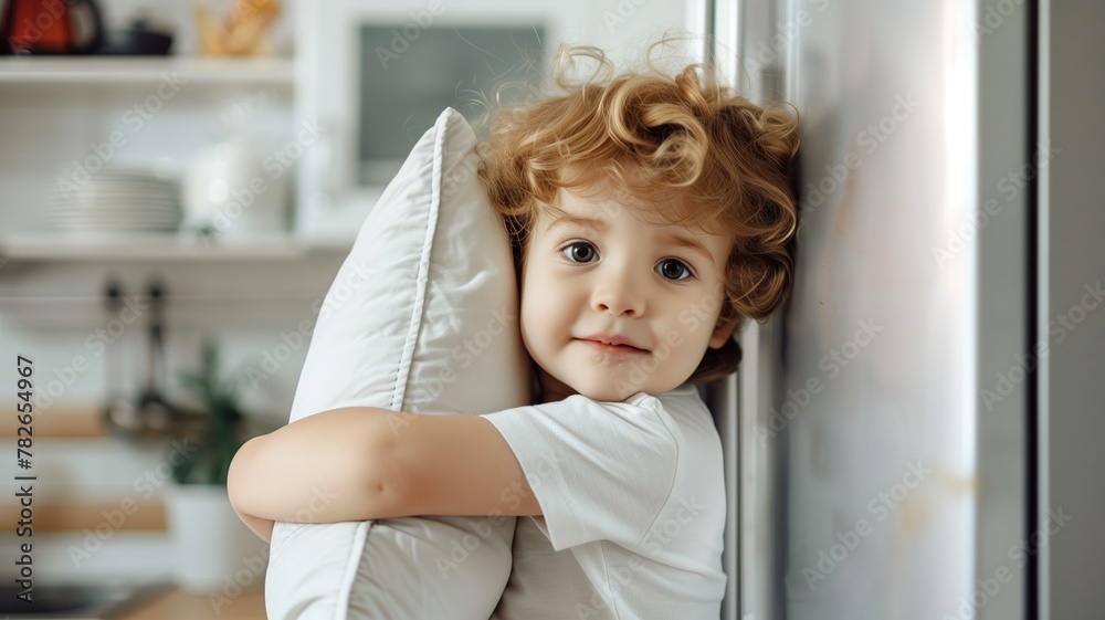 Young child with curly hair hugging white pillow, looking directly at camera, inside bright room Young child with curly hair hugging white pillow, looking directly at camera, inside bright room