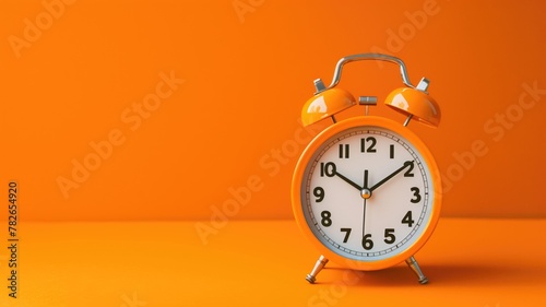 Classic white analog alarm clock with bells against orange backdrop