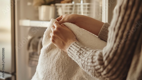 Person folding white textured blanket or towel indoors with warm light ambiance