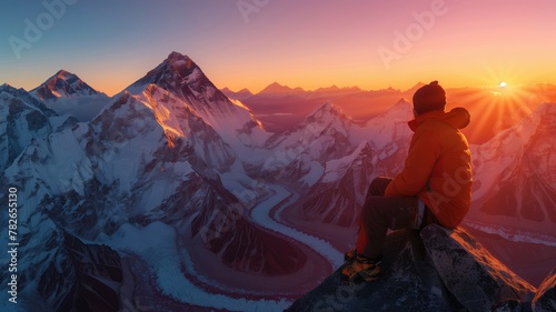 Person in orange jacket sits on mountain peak at sunrise, overlooking vast snowy range