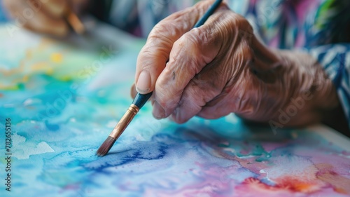 Elderly person's hand holding paintbrush, applying vibrant watercolor paints to canvas, showcasing creativity and artistry