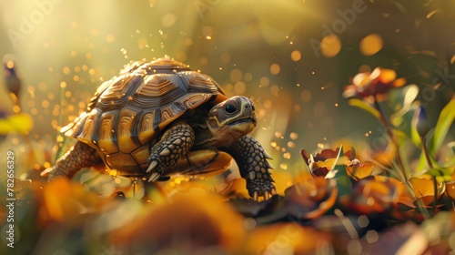 Experience a moment of unexpected triumph as a close-up reveals a funny tortoise outpacing the hare in a race, symbolizing the power of strategy and leadership photo