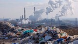 A landfill is shown with piles of garbage but in the distance there is a biofuel refinery plant with smokestacks emitting clean white steam. A caption reads Turning trash into treasure .
