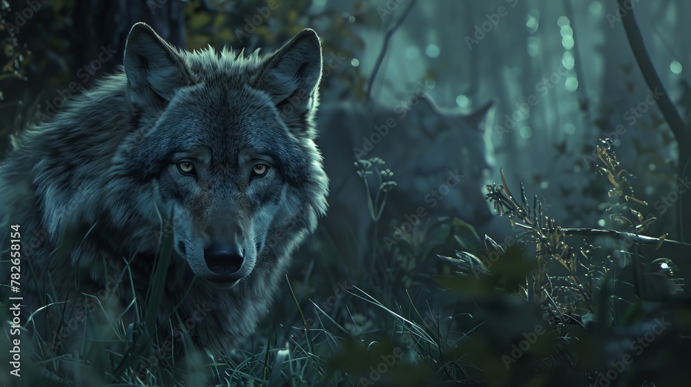 a lone grey wolf as it prowls through the dense undergrowth of the forest, a lone grey wolf as it prowls through the dense undergrowth of the forest,