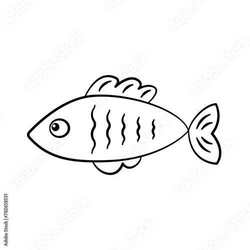 Cartoon fish contour outline drawing isolated cutout black and white vector clipart illustration. Underwater doodles line art design element. Sea life nature pictogram, logo or icon.