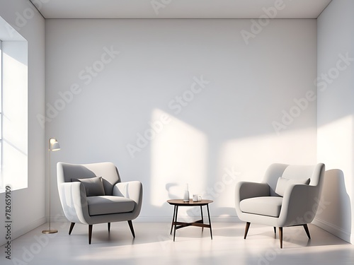  Modern minimal interior with two armchair on empty white color wall background with copy space