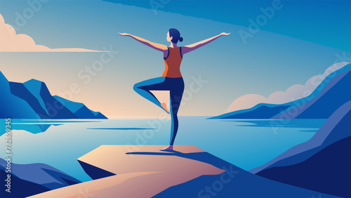 A lone figure balances effortlessly on one foot her arms reaching and twisting gracefully toward the clear blue sky above. The rocky