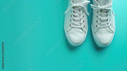 Pair of white sneakers with untied laces on turquoise background photo