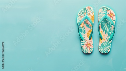 Pair of colorful flip-flops with tropical designs on blue background space left