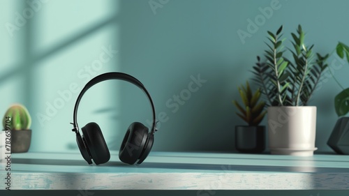 Black headphones on blue wooden table with potted plant and succulent in minimalist setting photo