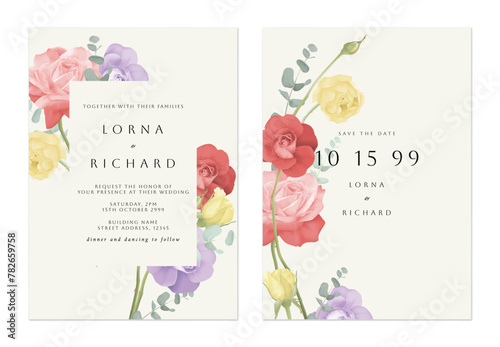 Wedding invitation template, colorful roses bouquet on light brown background © momosama