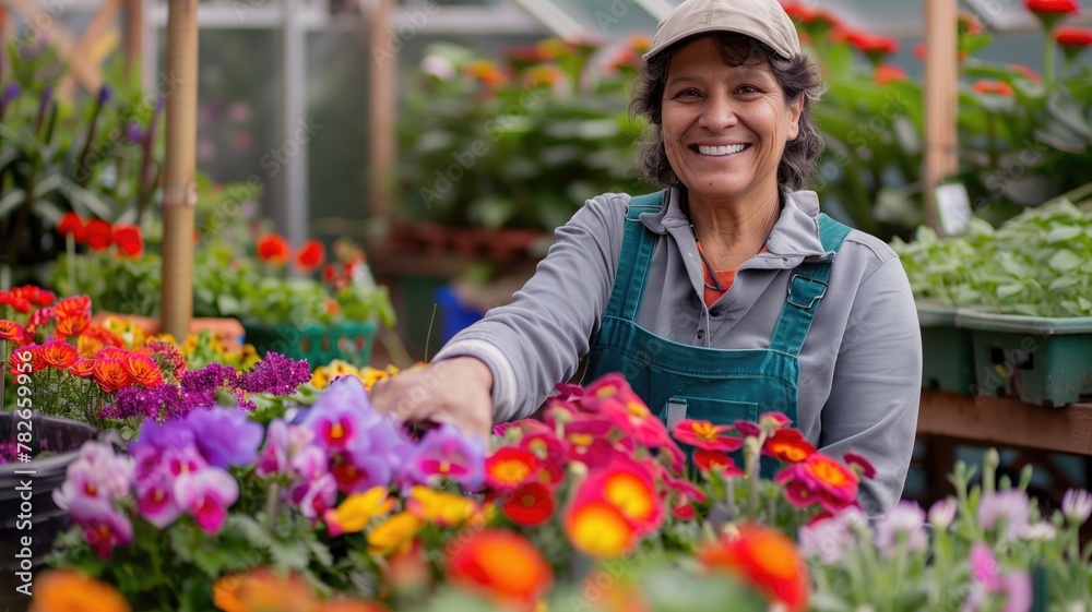 Smiling woman organizes colorful flowers in greenhouse, wearing overalls