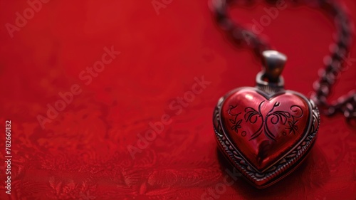 Heart-shaped pendant on red, textured background