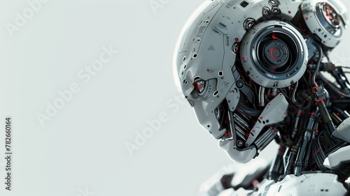 Highly detailed robotic head with intricate mechanical components and red accents on gray background