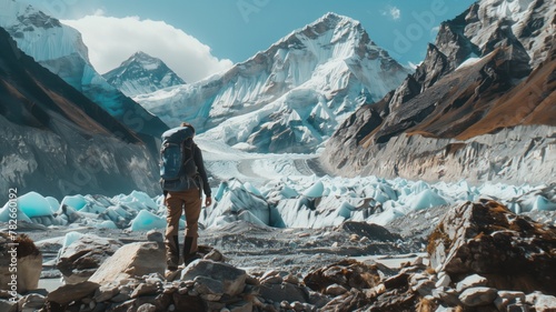 Person with backpack observes stunning glacier landscape sharp mountain peaks and bright blue skies © Татьяна Макарова