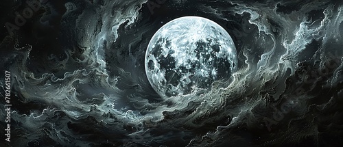 Moon peeking through night clouds, close up, silver glow, detailed textures photo