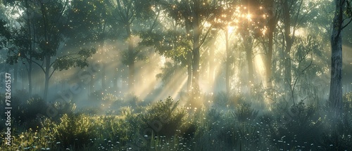 Misty forest at dawn, sunlight filtering through trees, close up, soft focus