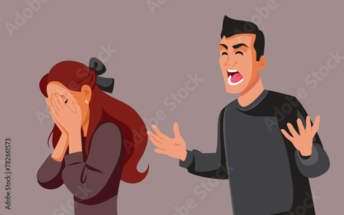 Angry Man Screaming at His Distressed Girlfriend Vector Cartoon Illustration. Unhappy woman crying because of the mistreat of her abusive husband
