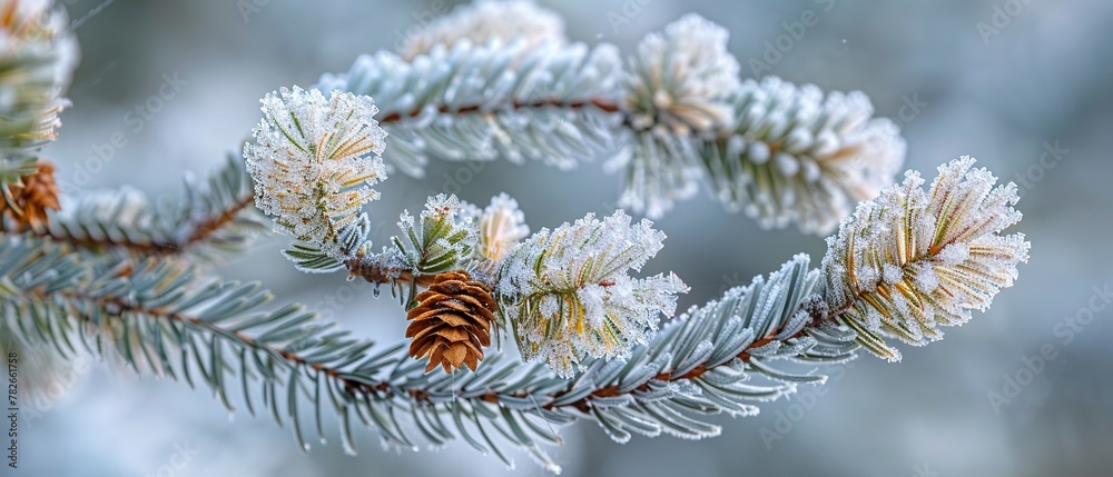 Frost on pine tree branch, close up, winter morning, crisp details Frost on pine tree branch, close up, winter morning, crisp details