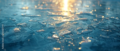 Frozen lake surface, close up, intricate ice patterns, soft winter sunlight