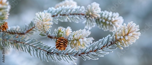 Frost on pine tree branch, close up, winter morning, crisp details © Thanthara