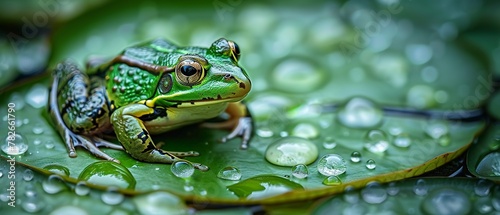 Frog on lily pad, close up, vibrant green, water droplets, detailed texture photo