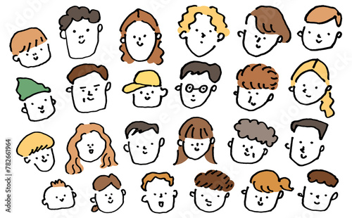 たくさんの笑顔の老若男女の顔イラスト　アイコン　手描き