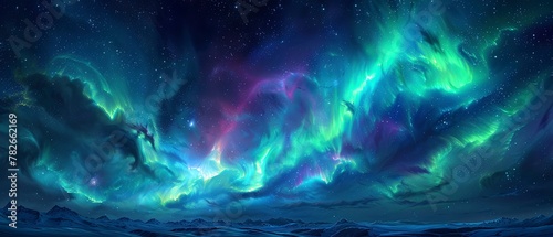 Aurora borealis in night sky, close up, vibrant greens and purples, detailed