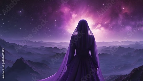 Woman's silhouette against purple milky way space sky