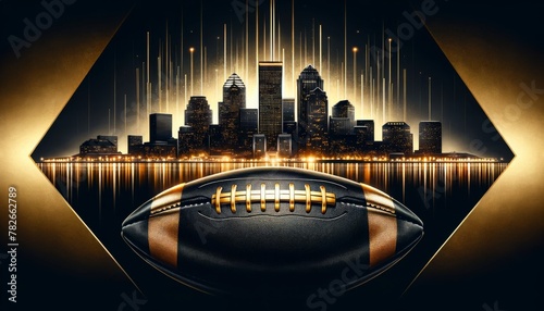 Elegant Golden New Orleans Skyline Over Football with Rainfall Effect on Black Reflective Surface