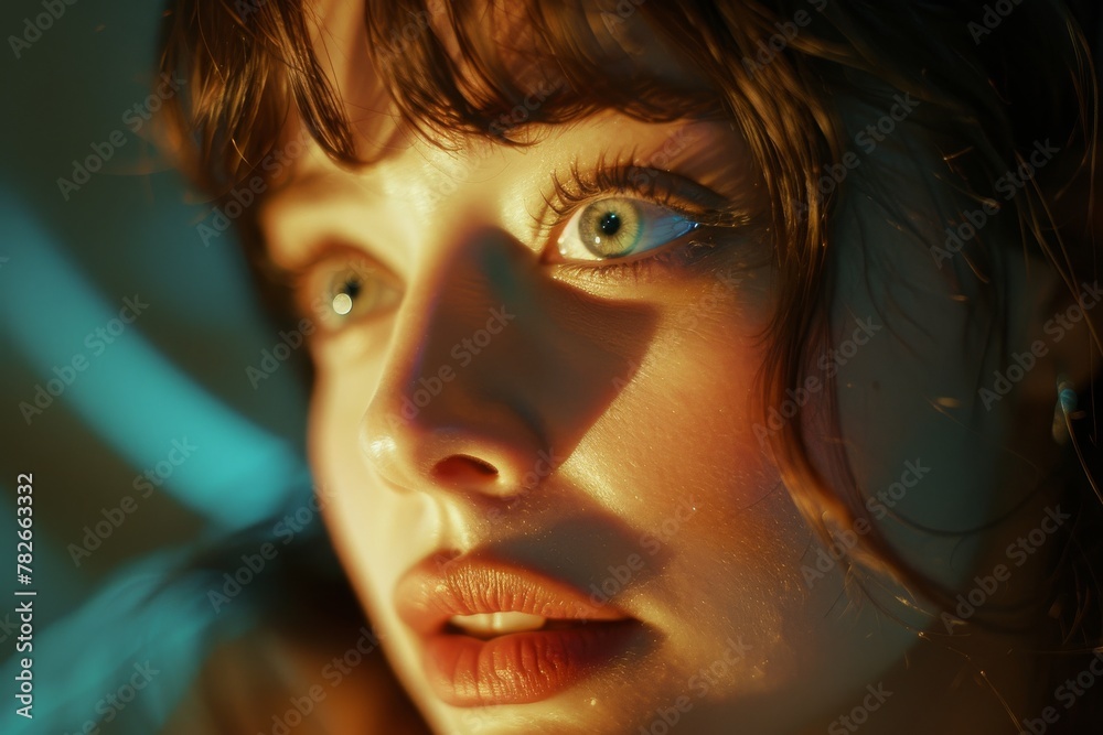 Intense gaze of a young woman in soft lighting, highlighting her striking blue eyes and contemplative expression.
Intense gaze of a young woman in soft lighting, highlighting her striking blue eyes and contemplative expression.
